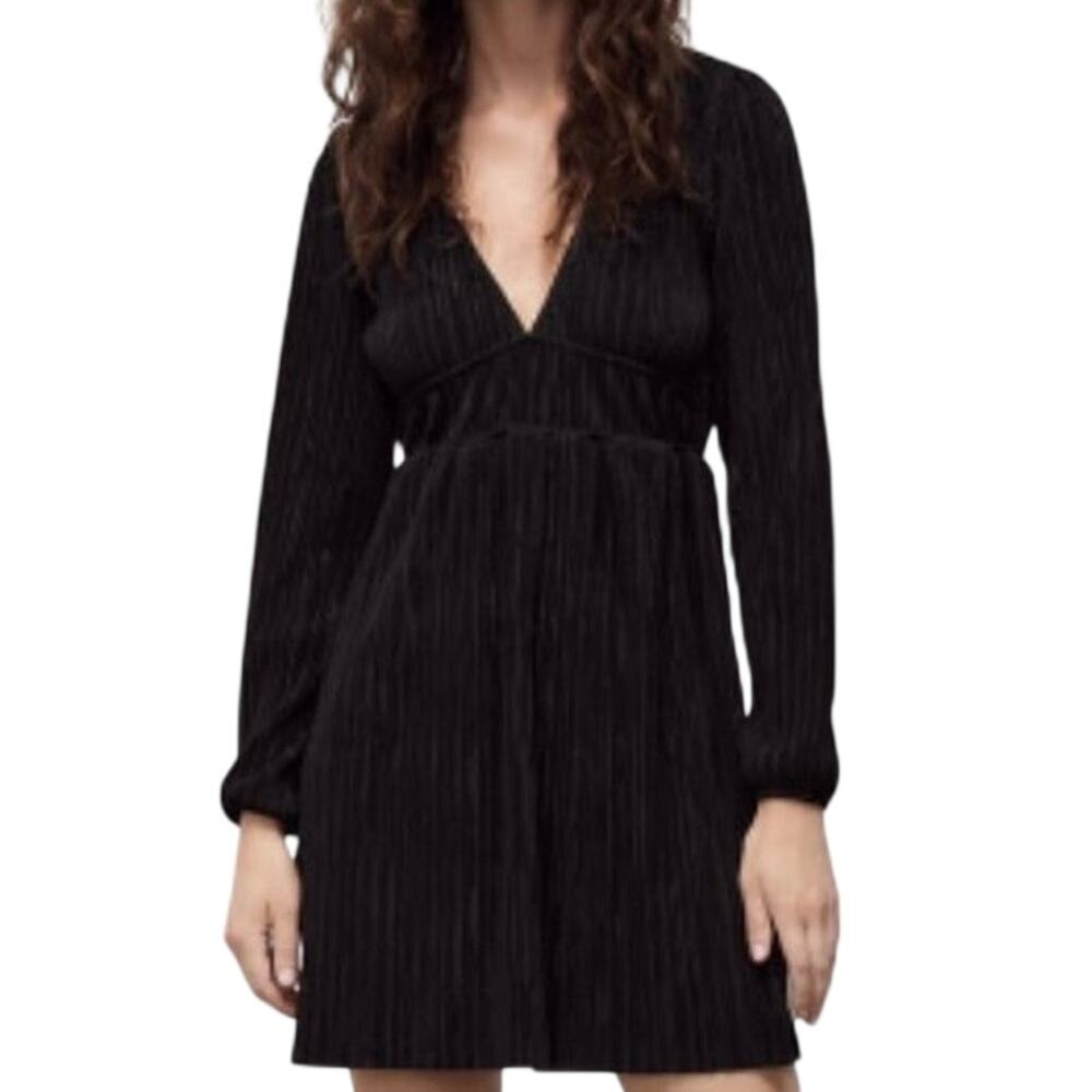 Zara Black Plissé Micro Pleated Long Sleeve Mini Dress Size M